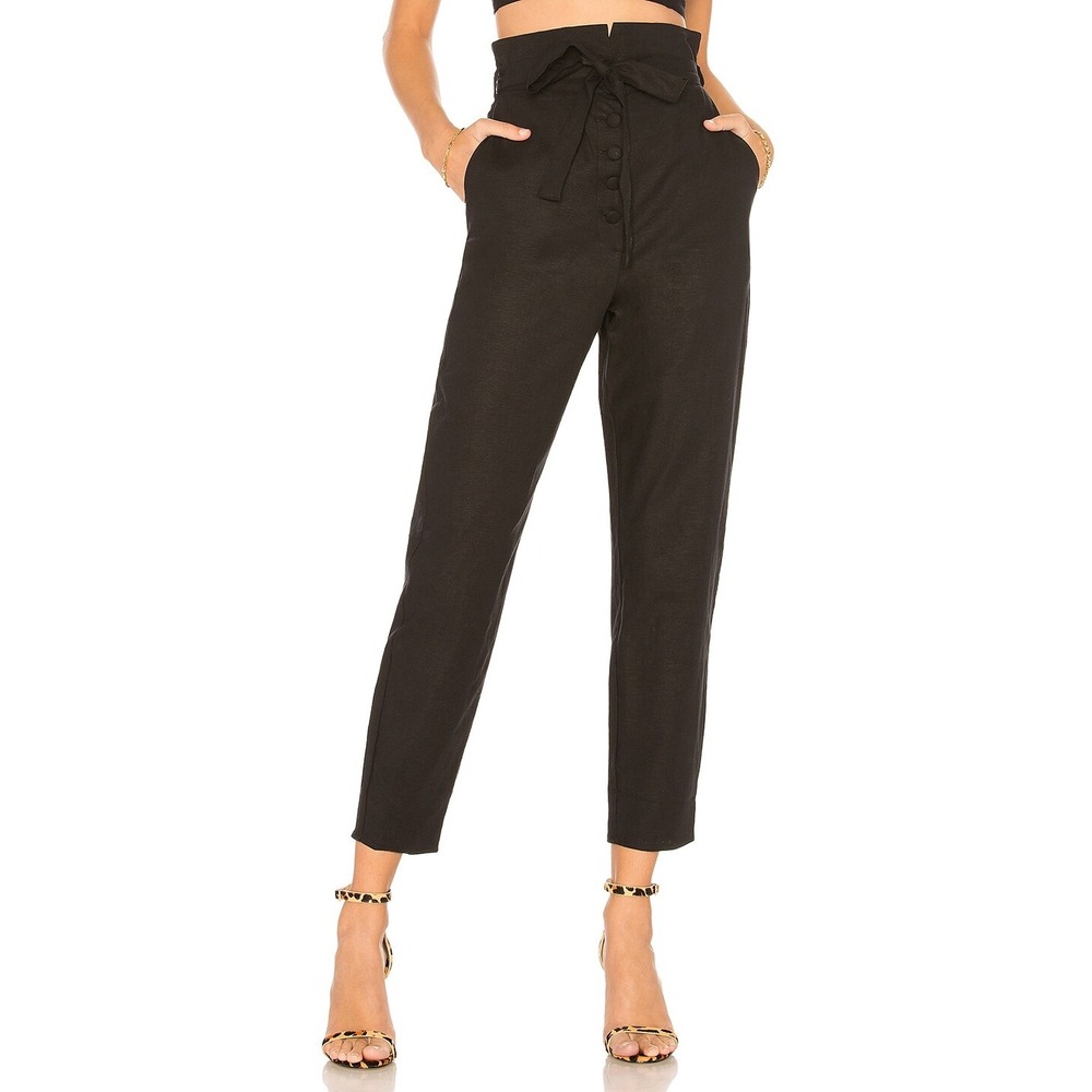 NWT Lovers + Friends Linen Calvin Belted Trousers Night Black M Summer Old Money
